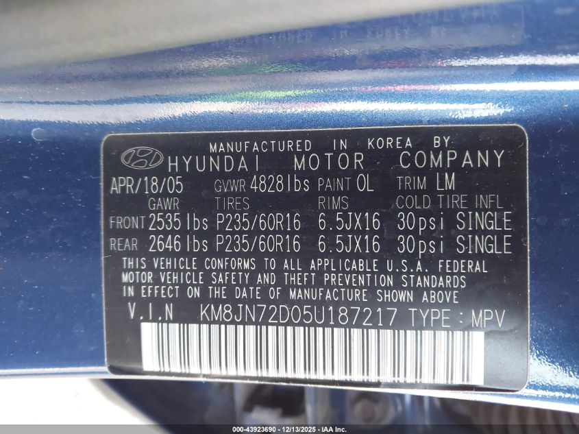 2005 Hyundai Tucson Gls/Lx VIN: KM8JN72D05U187217 Lot: 43923690