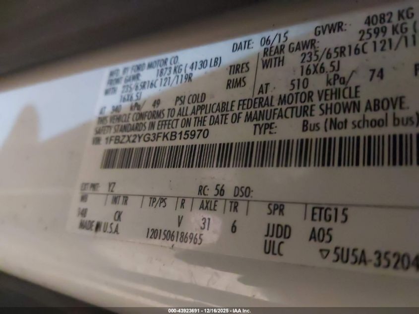 2015 Ford Transit-350 Xlt VIN: 1FBZX2YG3FKB15970 Lot: 43923691