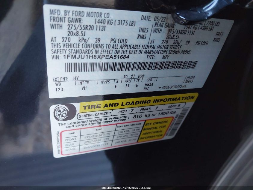 2023 Ford Expedition Xlt VIN: 1FMJU1H8XPEA51684 Lot: 43923692