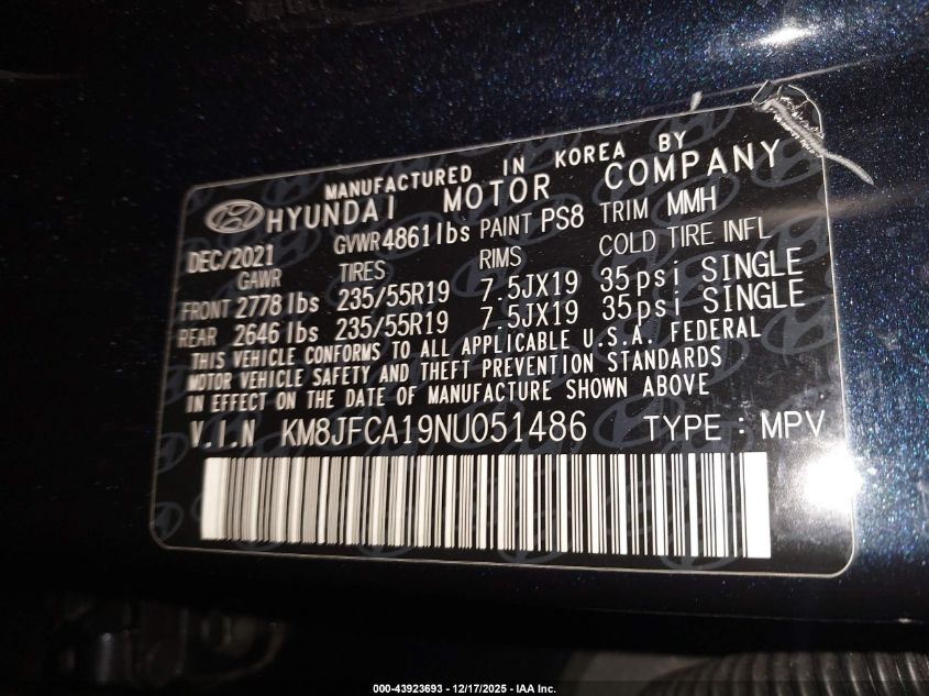 2022 Hyundai Tucson Hybrid Sel Convenience VIN: KM8JFCA19NU051486 Lot: 43923693