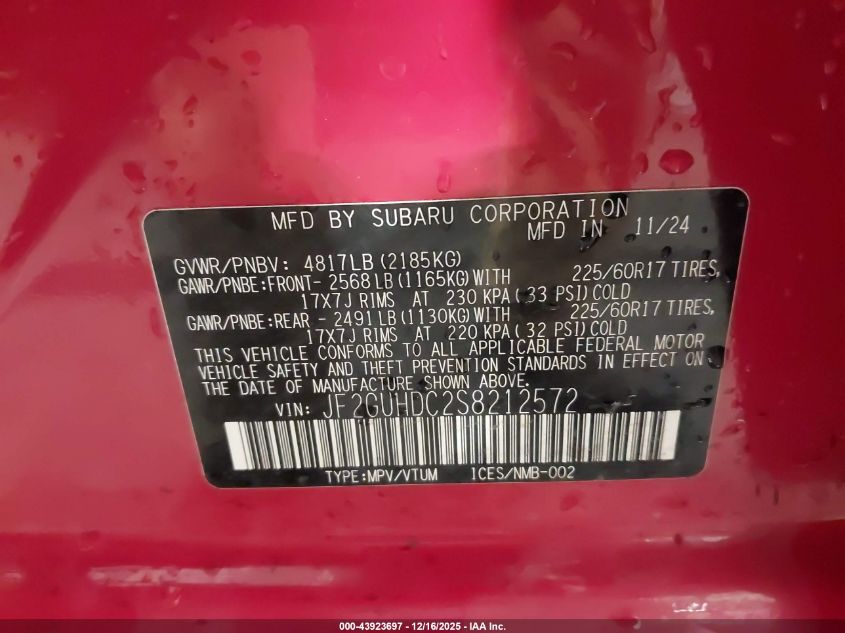 2025 Subaru Crosstrek Premium VIN: JF2GUHDC2S8212572 Lot: 43923697
