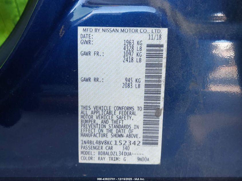 2019 Nissan Altima 2.5 S VIN: 1N4BL4BV8KC152342 Lot: 43923701