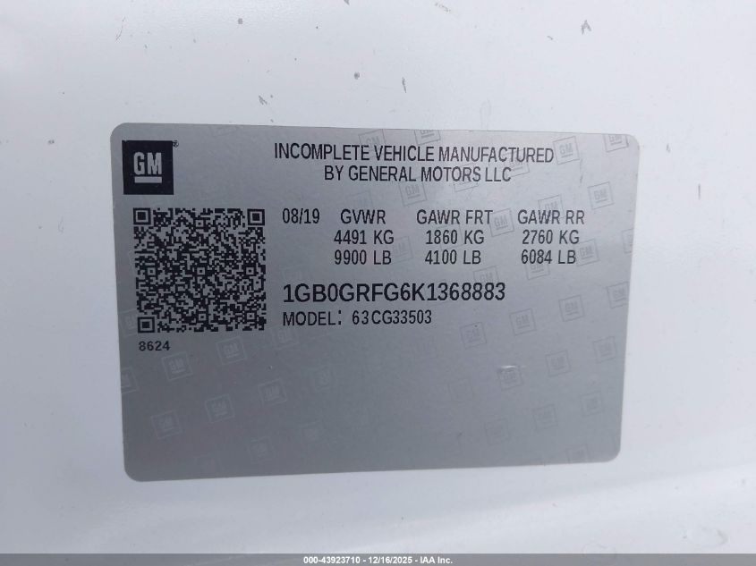 2019 Chevrolet Express Cutaway Work Van VIN: 1GB0GRFG6K1368883 Lot: 43923710