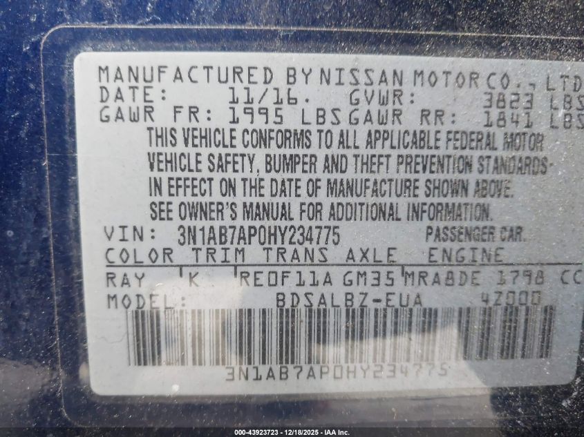 2017 Nissan Sentra S VIN: 3N1AB7AP0HY234775 Lot: 43923723