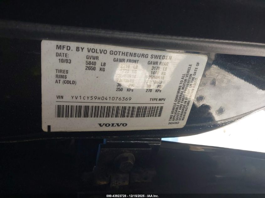 2004 Volvo Xc90 2.5T VIN: YV1CY59H041076369 Lot: 43923728