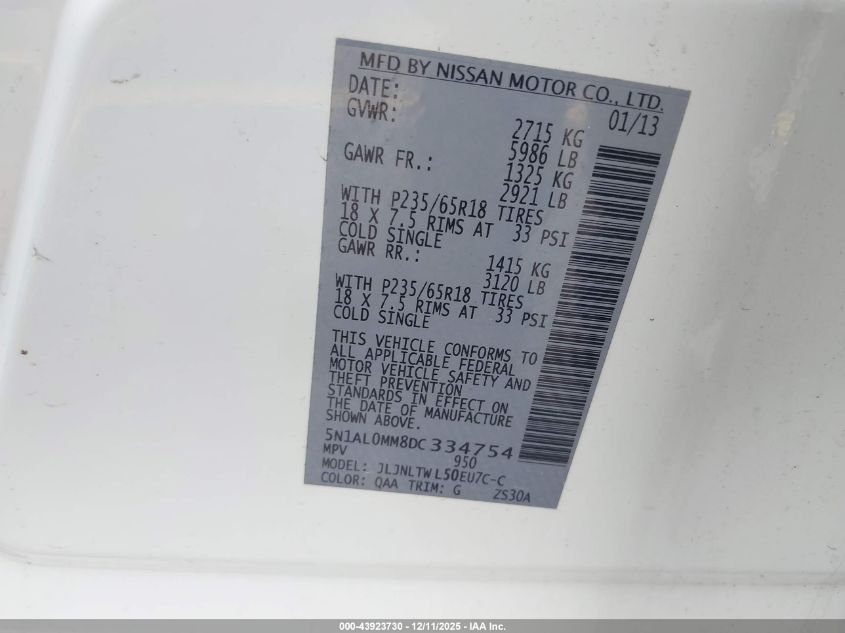 2013 Infiniti Jx35 VIN: 5N1AL0MM8DC334754 Lot: 43923730