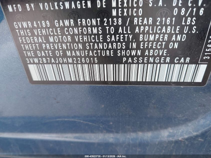 2017 Volkswagen Jetta 1.4T S VIN: 3VW2B7AJ0HM226015 Lot: 43923735