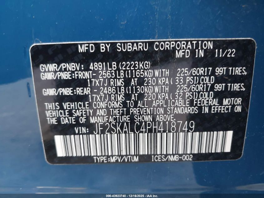 2023 Subaru Forester Wilderness VIN: JF2SKALC4PH418749 Lot: 43923740