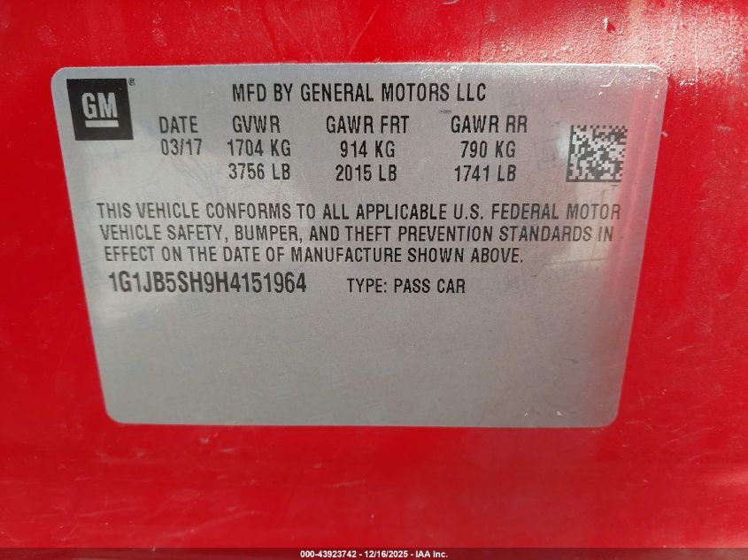 2017 Chevrolet Sonic Ls Auto VIN: 1G1JB5SH9H4151964 Lot: 43923742