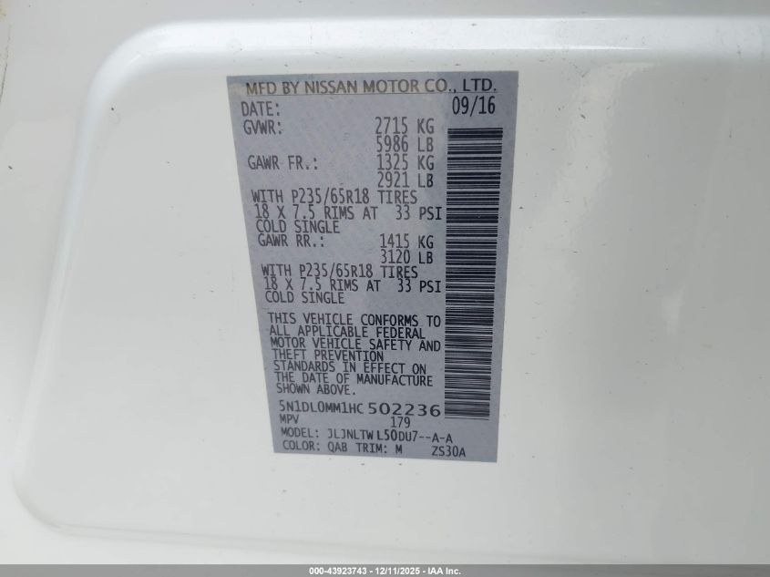 2017 Infiniti Qx60 VIN: 5N1DL0MM1HC502236 Lot: 43923743