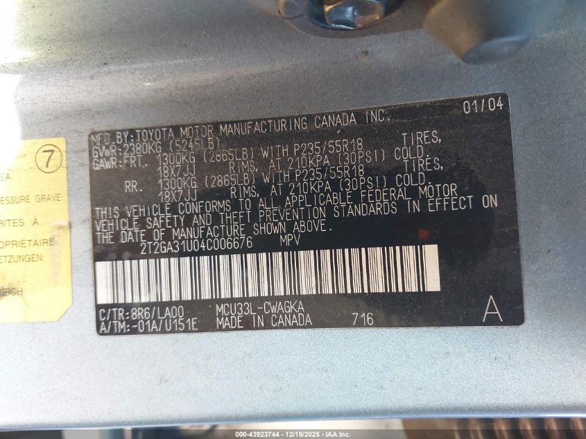 2004 Lexus Rx 330 VIN: 2T2GA31U04C006676 Lot: 43923744