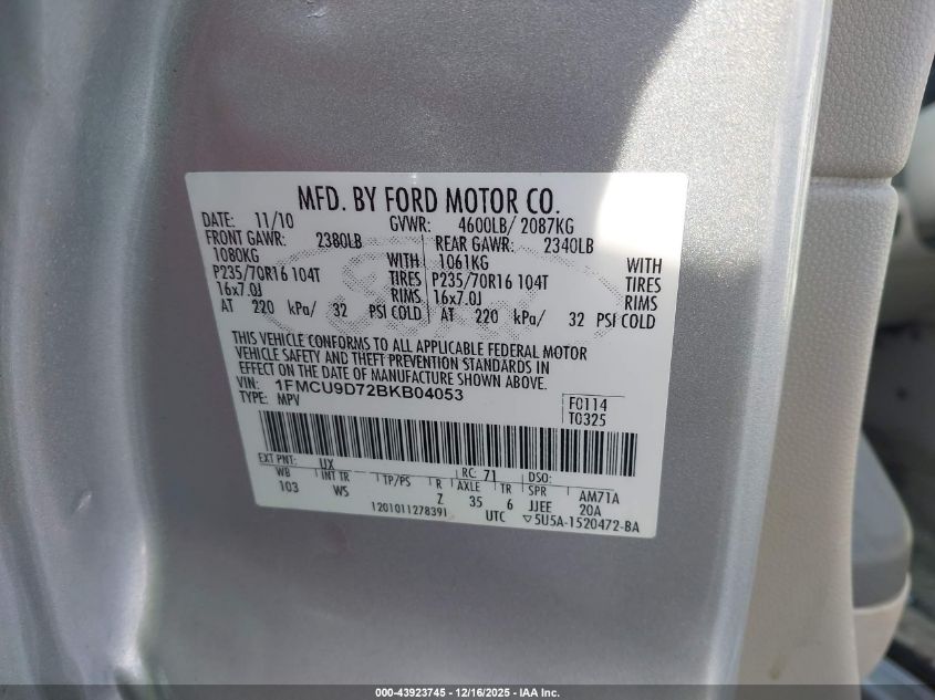 2011 Ford Escape Xlt VIN: 1FMCU9D72BKB04053 Lot: 43923745