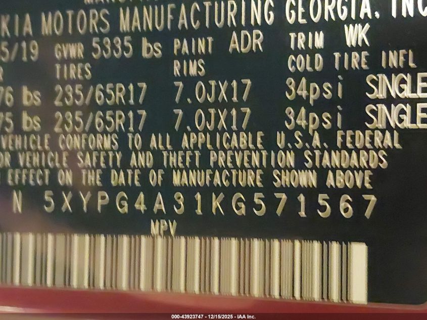 2019 Kia Sorento 2.4L Lx VIN: 5XYPG4A31KG571567 Lot: 43923747