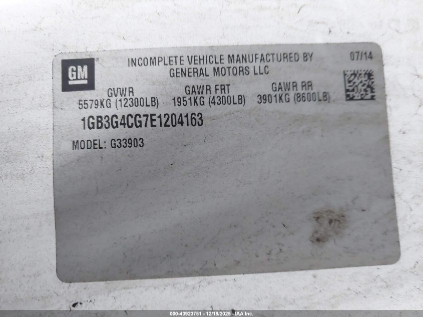 2014 Chevrolet Express Cutaway 3500 VIN: 1GB3G4CG7E1204163 Lot: 43923751