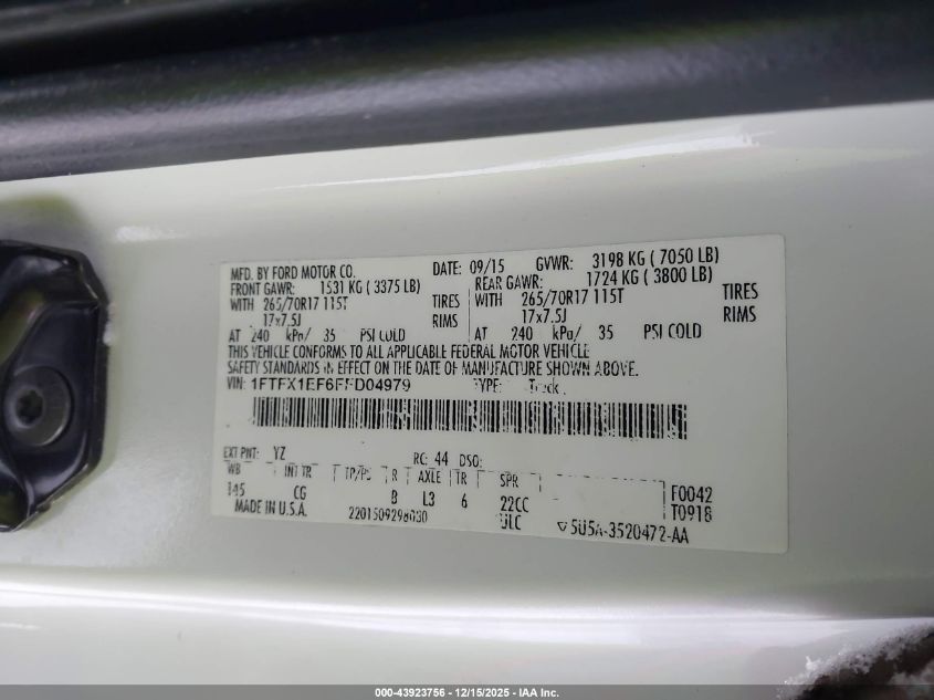 2015 Ford F-150 Xl VIN: 1FTFX1EF6FFD04979 Lot: 43923756