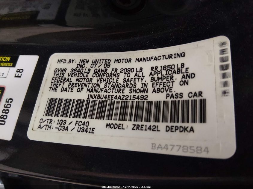 2010 Toyota Corolla Le VIN: 1NXBU4EE4AZ215492 Lot: 43923759