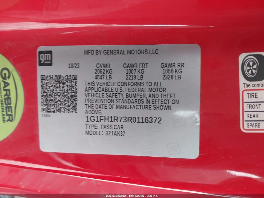 2024 Chevrolet Camaro Rwd 2Ss VIN: 1G1FH1R73R0116372 Lot: 43923762