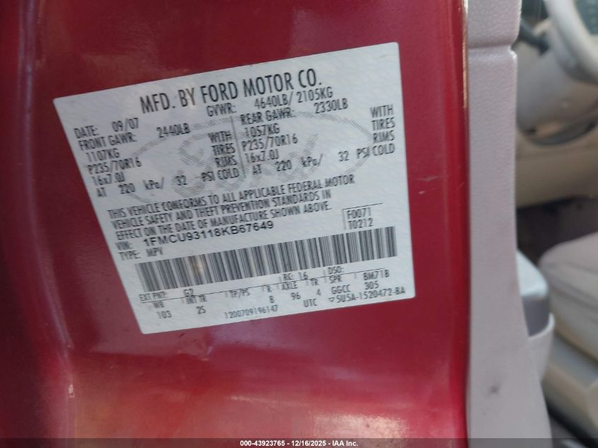 2008 Ford Escape Xlt VIN: 1FMCU93118KB67649 Lot: 43923765