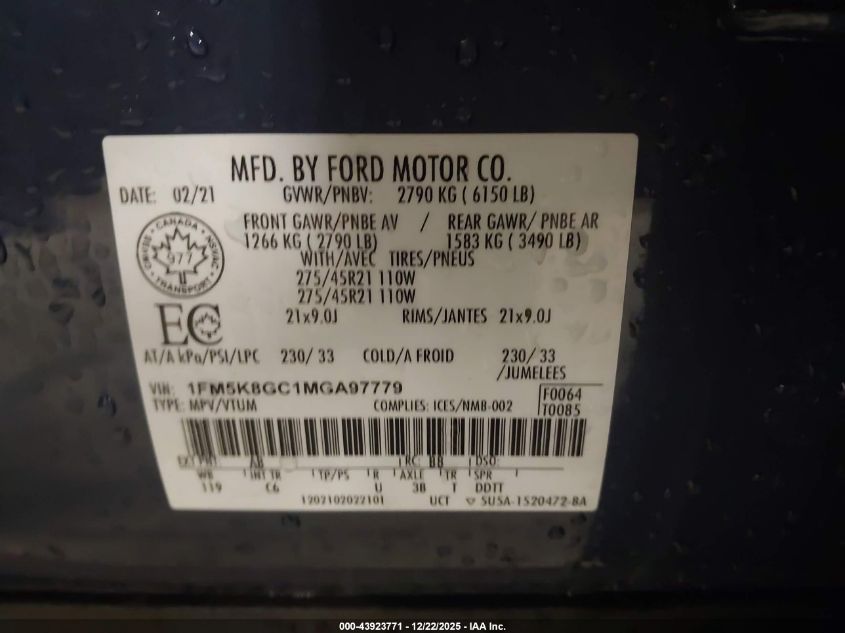 2021 Ford Explorer St VIN: 1FM5K8GC1MGA97779 Lot: 43923771