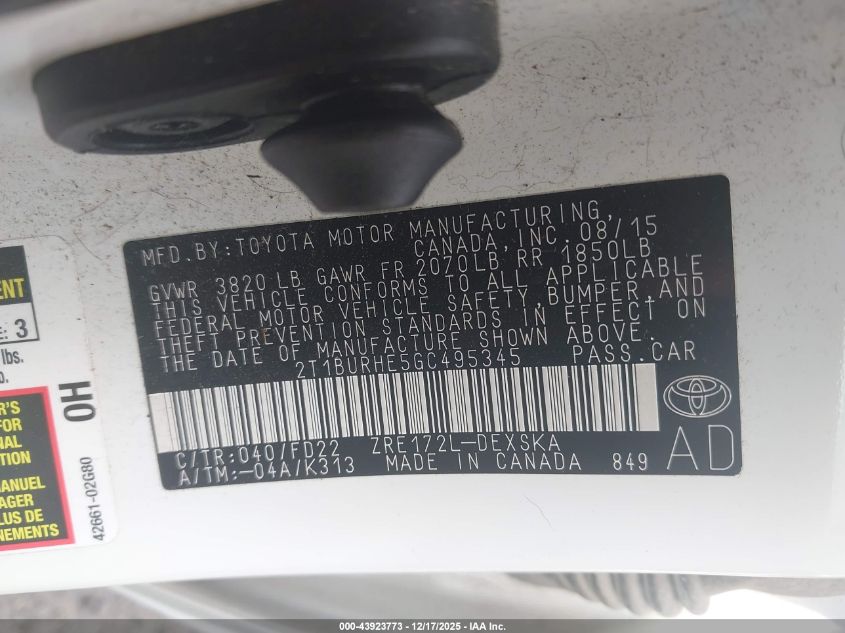 2016 Toyota Corolla S W/Special Edition Pkg VIN: 2T1BURHE5GC495345 Lot: 43923773