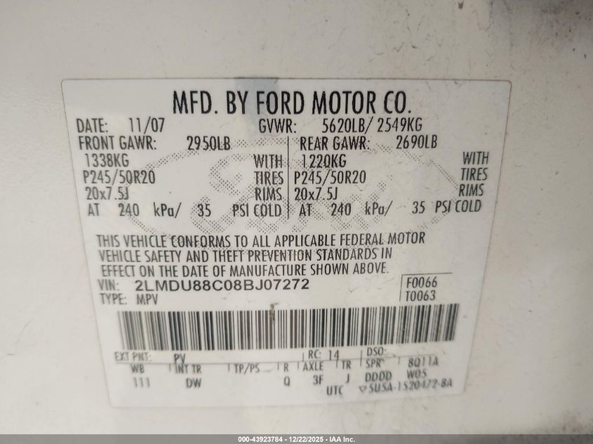 2008 Lincoln Mkx VIN: 2LMDU88C08BJ07272 Lot: 43923784