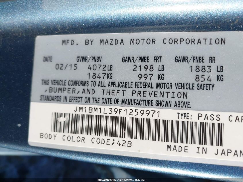 2015 Mazda Mazda3 S Touring VIN: JM1BM1L39F1259971 Lot: 43923795