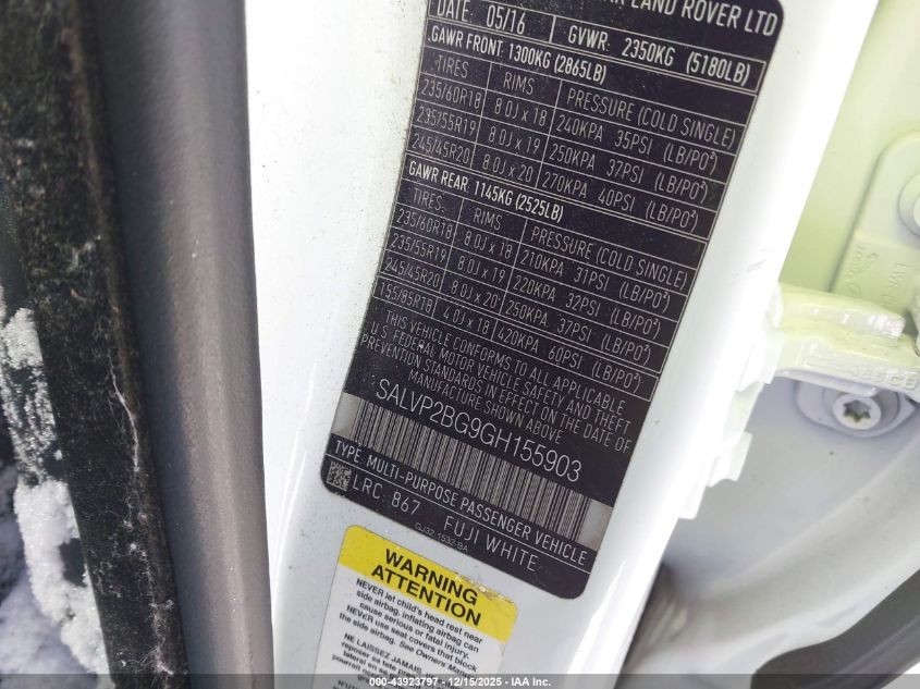 2016 Land Rover Range Rover Evoque Se/Se Premium VIN: SALVP2BG9GH155903 Lot: 43923797