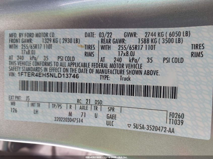 2022 Ford Ranger Xlt VIN: 1FTER4EH5NLD13746 Lot: 43923805