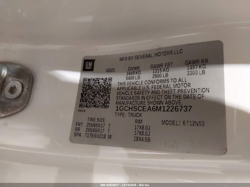 2021 Chevrolet Colorado 2Wd Long Box Lt VIN: 1GCHSCEA6M1226737 Lot: 43923817