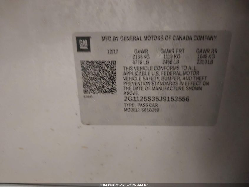 2018 Chevrolet Impala 2Lz VIN: 2G1125S35J9153556 Lot: 43923822