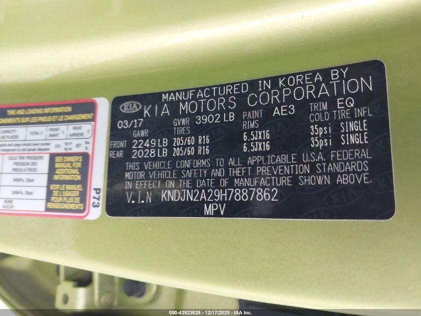 2017 Kia Soul VIN: KNDJN2A29H7887862 Lot: 43923826