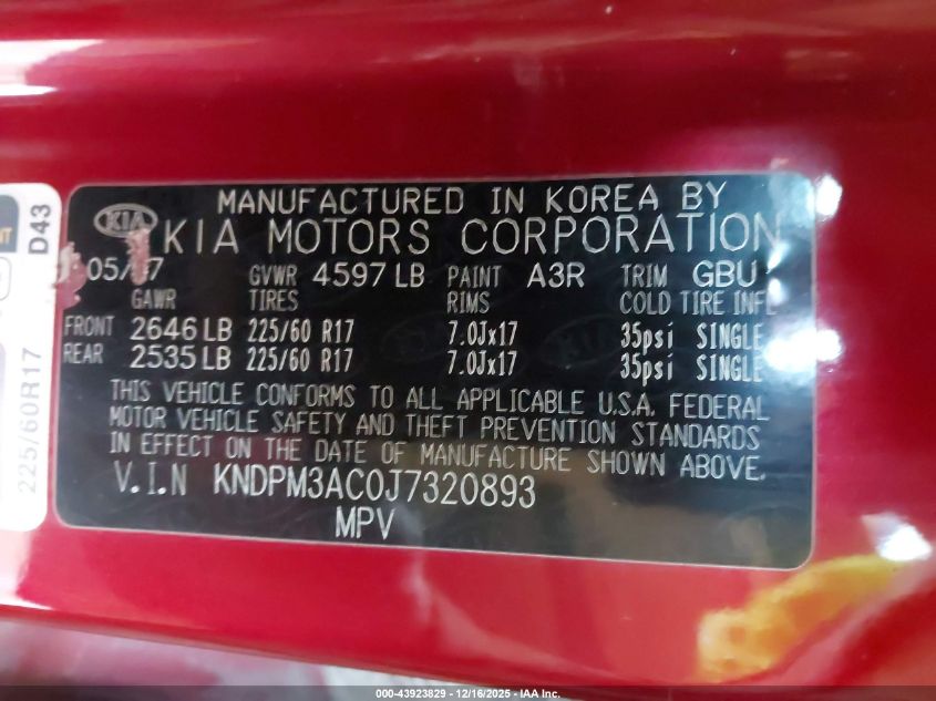 2018 Kia Sportage Lx VIN: KNDPM3AC0J7320893 Lot: 43923829