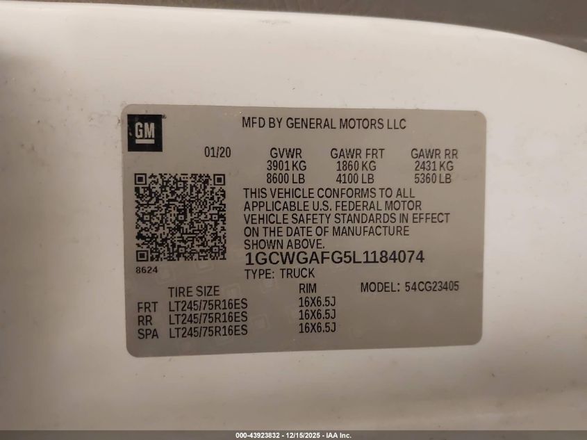 2020 Chevrolet Express Cargo Rwd 2500 Regular Wheelbase Wt VIN: 1GCWGAFG5L1184074 Lot: 43923832