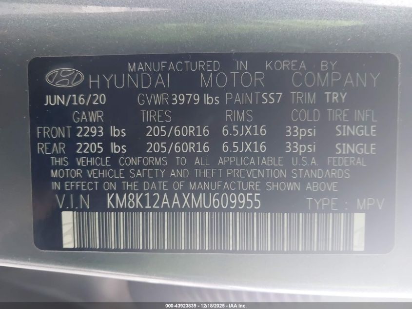 2021 Hyundai Kona Se VIN: KM8K12AAXMU609955 Lot: 43923839