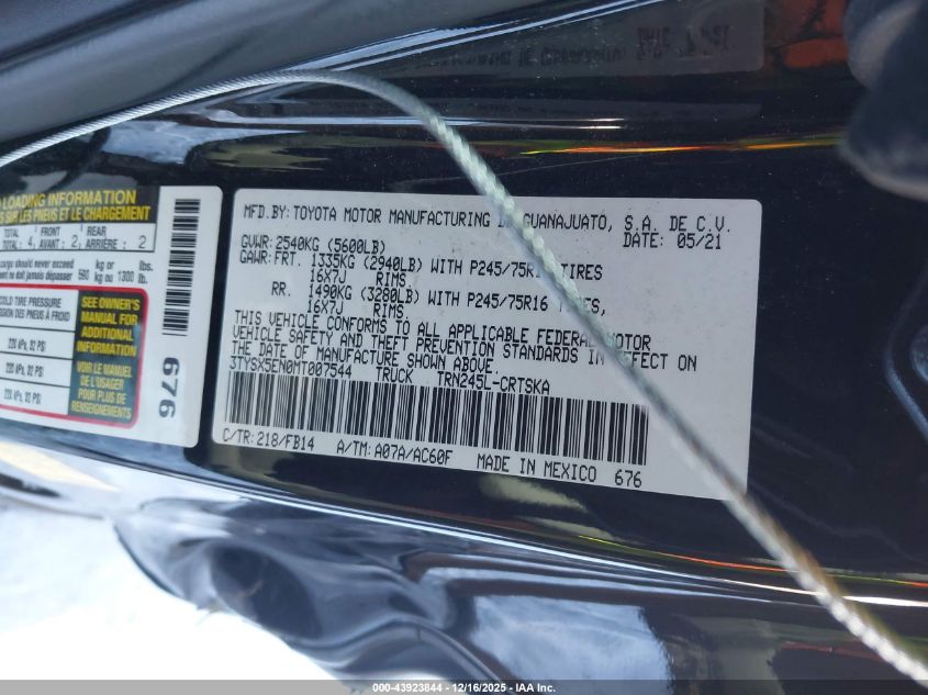 2021 Toyota Tacoma Sr VIN: 3TYSX5EN0MT007544 Lot: 43923844