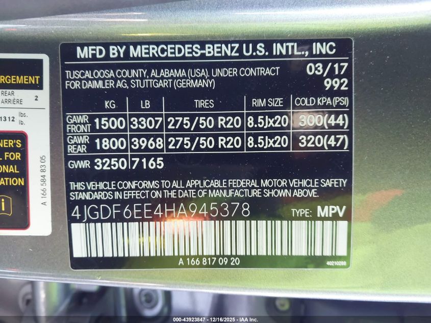 2017 Mercedes-Benz Gls 450 4Matic VIN: 4JGDF6EE4HA945378 Lot: 43923847