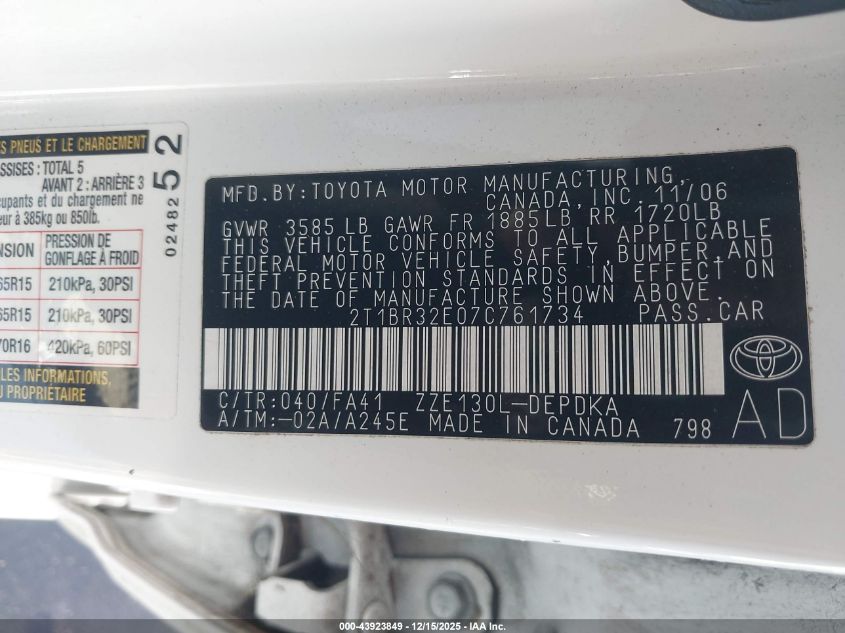 2007 Toyota Corolla Ce VIN: 2T1BR32E07C761734 Lot: 43923849