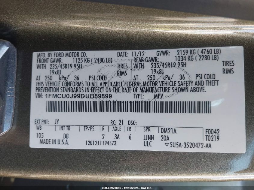 2013 Ford Escape Titanium VIN: 1FMCU0J99DUB89899 Lot: 43923856