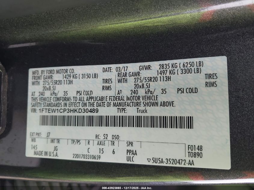 2017 Ford F-150 Xl VIN: 1FTEW1CP3HKD30489 Lot: 43923865
