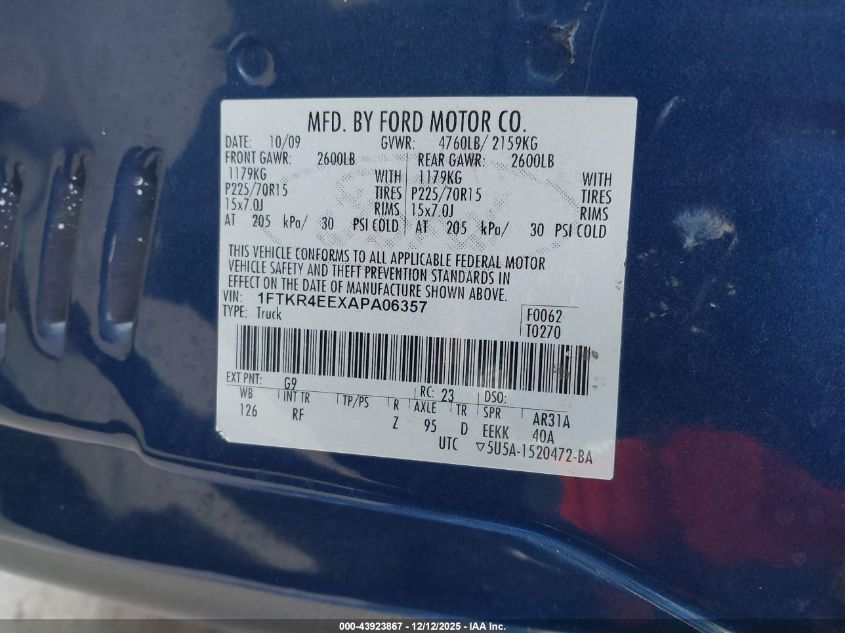 2010 Ford Ranger Sport/Xlt VIN: 1FTKR4EEXAPA06357 Lot: 43923867