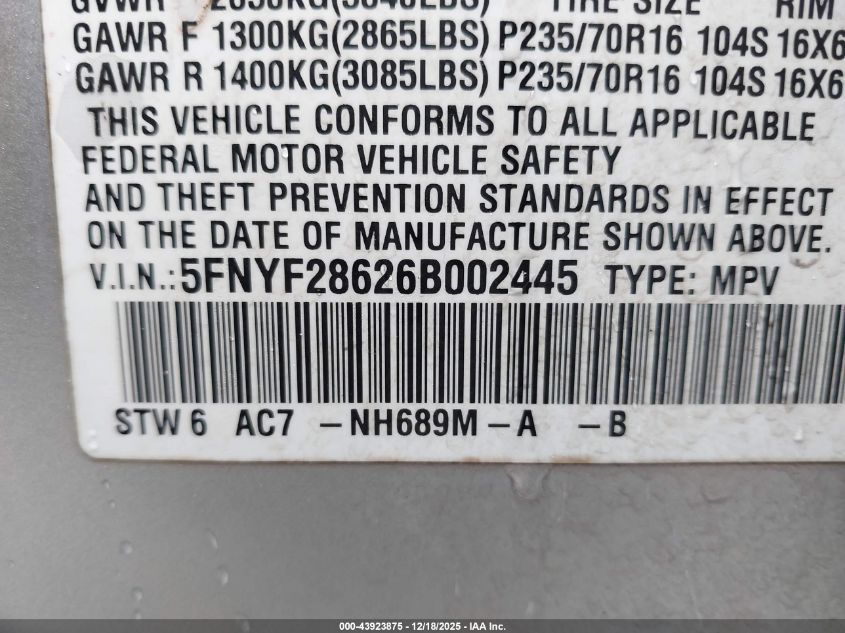 2006 Honda Pilot Ex-L VIN: 5FNYF28626B002445 Lot: 43923875
