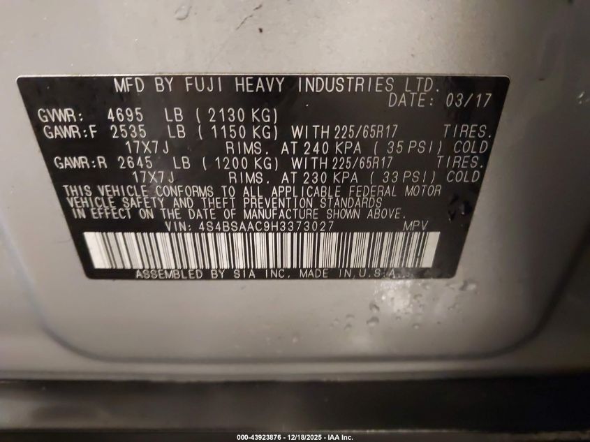 2017 Subaru Outback 2.5I VIN: 4S4BSAAC9H3373027 Lot: 43923876