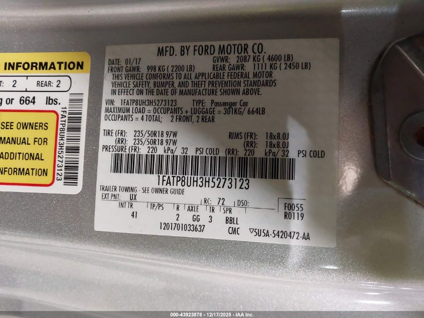 2017 Ford Mustang Ecoboost Premium VIN: 1FATP8UH3H5273123 Lot: 43923878