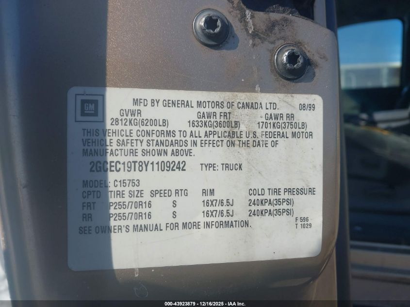 2000 Chevrolet Silverado 1500 Ls VIN: 2GCEC19T8Y1109242 Lot: 43923879