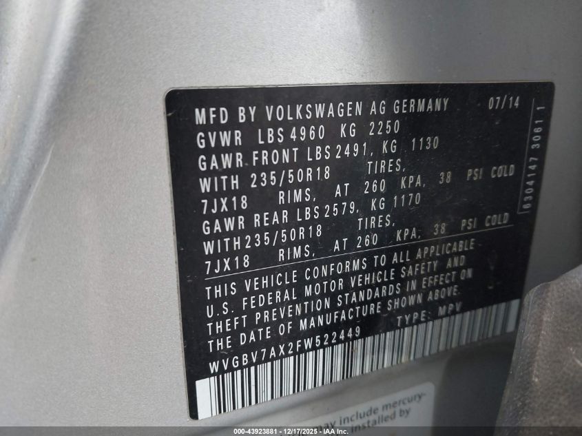 2015 Volkswagen Tiguan Sel VIN: WVGBV7AX2FW522449 Lot: 43923881