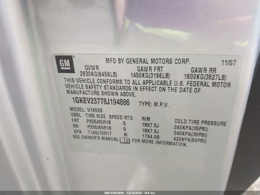 2008 GMC Acadia Slt-1 VIN: 1GKEV23778J194886 Lot: 43923890