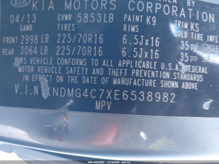 2014 Kia Sedona Lx VIN: KNDMG4C7XE6538982 Lot: 43923893