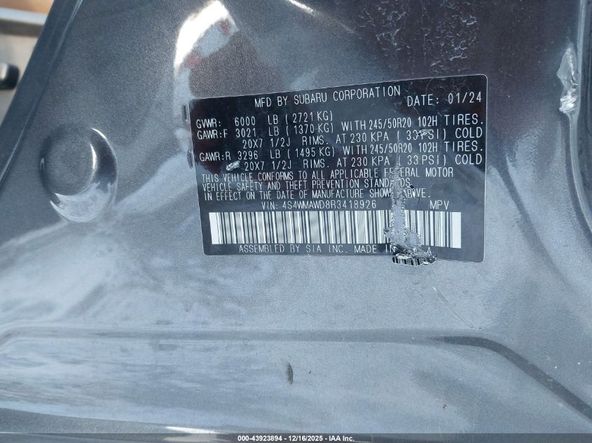 2024 Subaru Ascent Touring 7-Passenger VIN: 4S4WMAWD8R3418926 Lot: 43923894