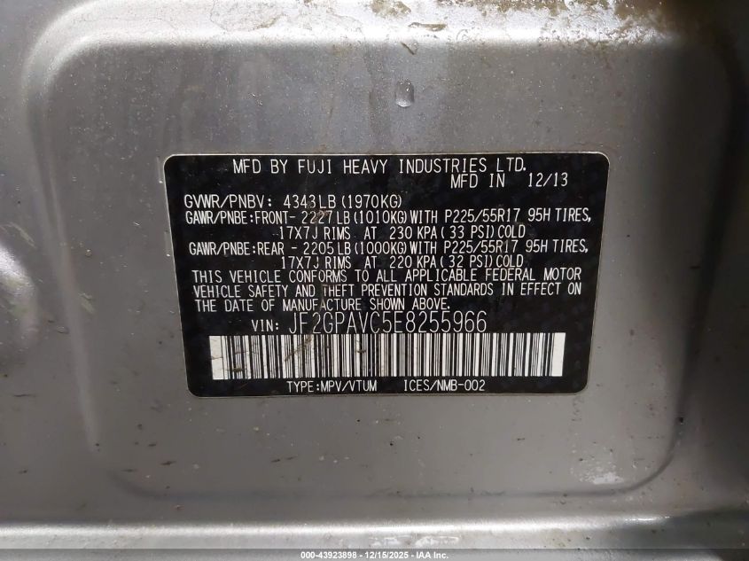 2014 Subaru Xv Crosstrek 2.0I Premium VIN: JF2GPAVC5E8255966 Lot: 43923898