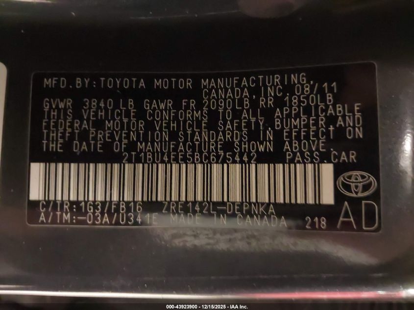 2011 Toyota Corolla Le VIN: 2T1BU4EE5BC675442 Lot: 43923900